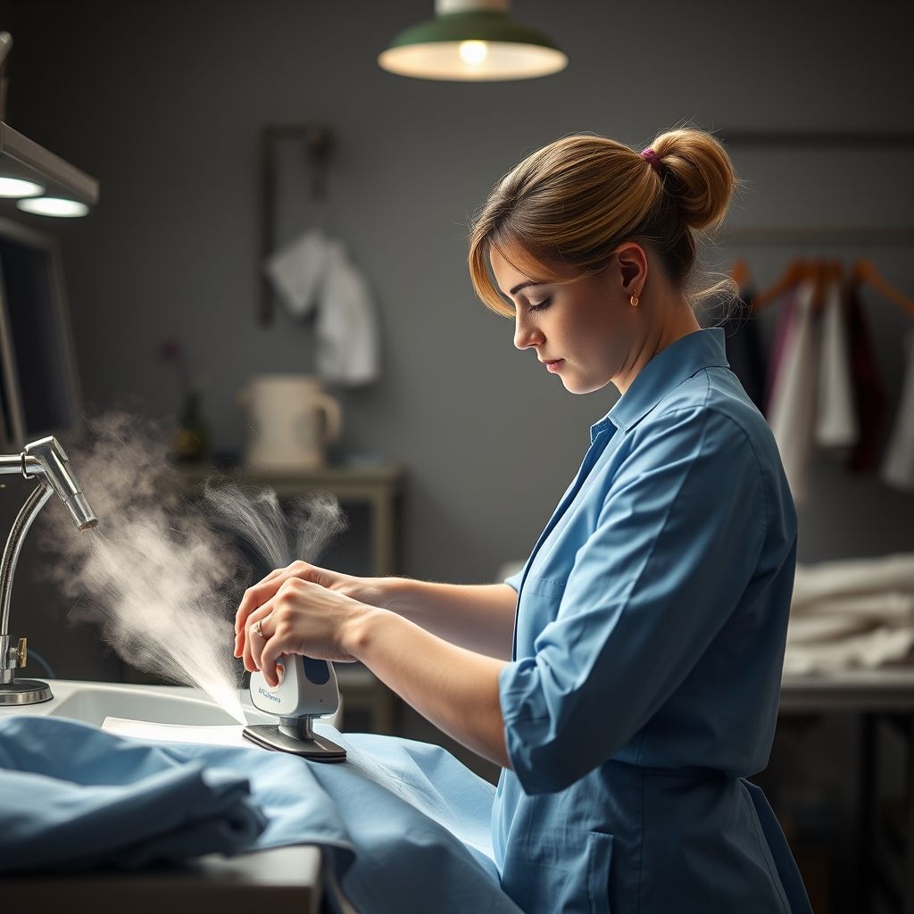 Une main saisit la poignée d'un fer à repasser traditionnel, pressant avec assurance une chemise bleue à carreaux soigneusement étalée, le tissu lisse brillamment mis en valeur par la vapeur. En arrière-plan, un environnement de travail dynamique avec un éclairage doux qui accentue l’attention portée au soin du vêtement. La personne effectue cette tâche vêtue d’un uniforme bleu clair, symbolisant le professionnalisme et l’attention au détail. La scène dégage une ambiance sereine mais concentrée, illustrant l’art du vêtement parfaitement repassé.